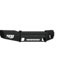 The 2018-2020 Ford F-150 Vaquero Front Non-Winch Bumper in textured black features squared edges, angular side wings, mounting holes, and a mesh center section for a rugged, industrial look.