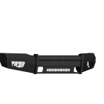 The 2018-2020 Ford F-150 Vaquero Front Non-Winch Bumper in textured black features squared edges, angular side wings, mounting holes, and a mesh center section for a rugged, industrial look.