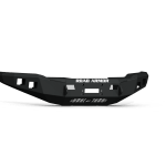 The 2018-2020 Ford F-150 Stealth Front Winch Bumper in texture black features angular edges, cutouts, and bold ROAD ARMOR text on the front center. Built for durability, its designed to fit Warn M12000 or Smittybilt XRC winches on your truck.