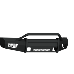 The 2018-2020 Ford F-150 Vaquero Front Non-Winch Bumper Pre-Runner Guard features a textured black finish, angular edges, a tubular grille guard, cutout detailing, and mesh accents for a rugged truck look.