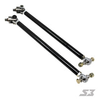 Two black S3 Power Sports HD Tie Rods for 2015+ Polaris General/RZR S 1000/S 900 are laid parallel on a white background, each with silver and gold joint fittings and mounting hardware. A small SX logo appears in the lower right corner.