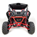 Rear view of a Honda Talon 1000R/X (2019+) with HMF Defender Rear Hitch Bumper, featuring large knobby tires, exposed suspension, dual exhausts, and two bucket seats—all set against a plain white background.