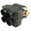 A Fire Storm Pro OEM Cab Heater for Polaris Rangers—black, rectangular unit with ridged sides, four round air ducts, copper pipes, wires, and connectors—distributes heated air inside your vehicle’s cabin.