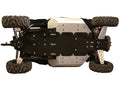 Underside view of ZFORCE 1000 Sport R and ZFORCE 950 H.O. EX equipped with the Skid Plate Full Set (aluminium/plastic), showing durable protection for chassis and suspension—ideal for rough terrain. Bolts and panels highlight rugged design.