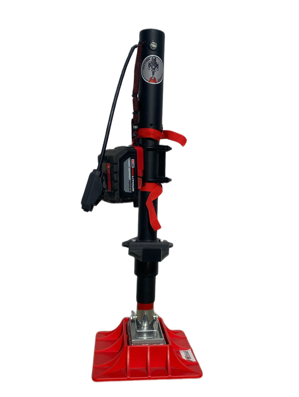 The Offroad Battery Powered Jack (3500 LB.) for Milwaukee, DeWalt, Makita, or Rigid by Jack B Quick features a black cylindrical body with a handle, attached battery pack, red strap, visible logo near the top, and a wide red base with angled ridges for st