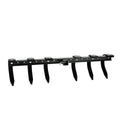 The Atv/Utv Cultivator is a black metal tractor attachment with six evenly spaced downward tines along a horizontal bar. Its rectangular frame has bolts and brackets for mounting, and a central connector for soil tilling or loosening.
