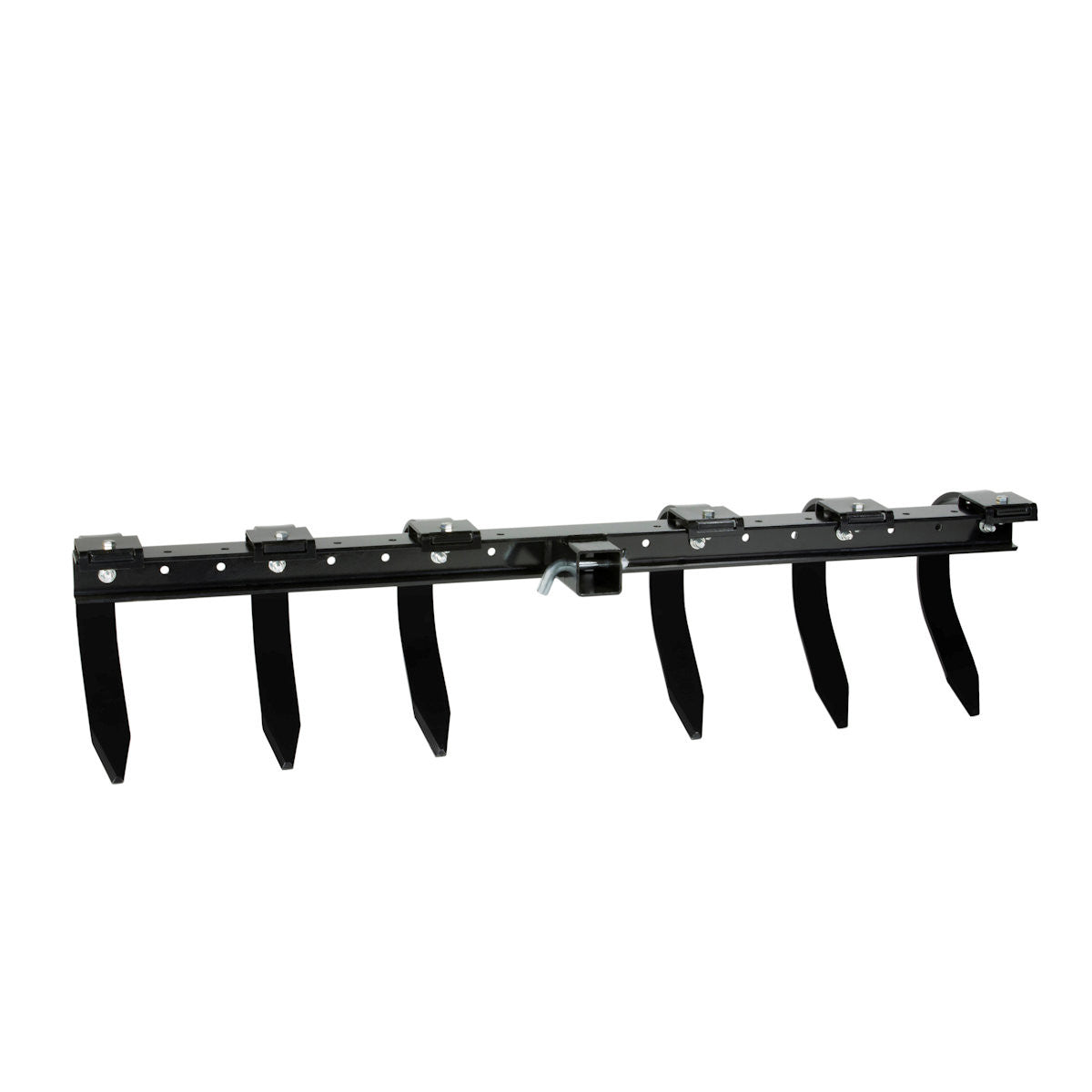 The Atv/Utv Cultivator is a black metal tractor attachment with six evenly spaced downward tines along a horizontal bar. Its rectangular frame has bolts and brackets for mounting, and a central connector for soil tilling or loosening.