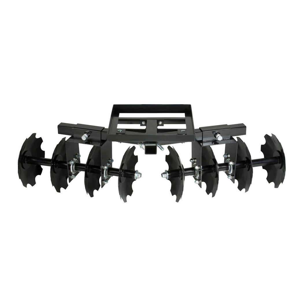 The Atv/Utv Disc Plow/Harrow Implement is a black metal attachment with eight sharp notched discs in two rows on a sturdy rectangular frame, ideal for breaking up and smoothing soil in gardening or farming.
