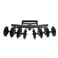 The Atv/Utv Disc Plow/Harrow Implement is a black metal attachment with eight sharp notched discs in two rows on a sturdy rectangular frame, ideal for breaking up and smoothing soil in gardening or farming.
