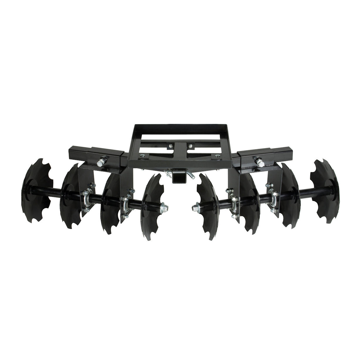 The Atv/Utv Disc Plow/Harrow Implement is a black metal attachment with eight sharp notched discs in two rows on a sturdy rectangular frame, ideal for breaking up and smoothing soil in gardening or farming.