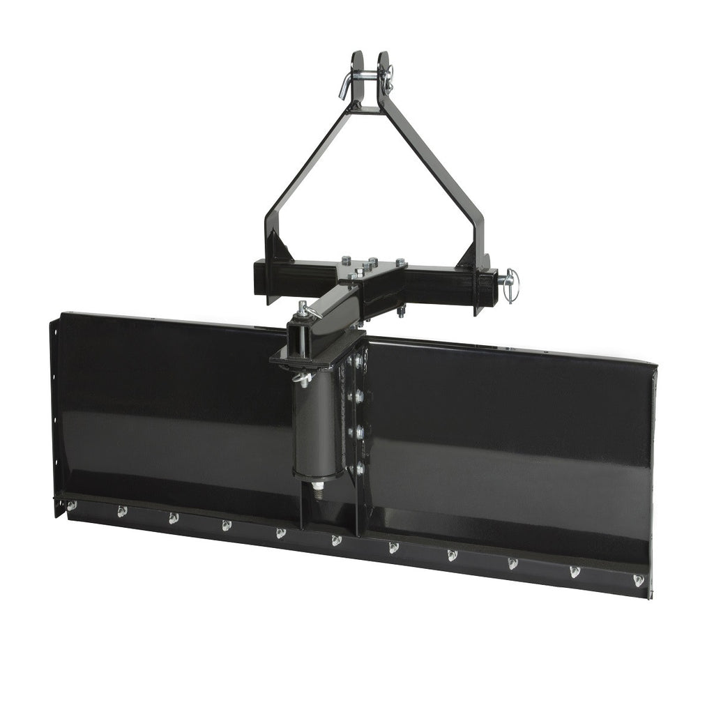 The Garden Tractor Cat-0 3 Point Rear Blade by Impact Implements is a black metal attachment with a wide, flat blade, angled support arms, and a triangular frame for connecting to a tractor’s three-point hitch system via a central pivot.