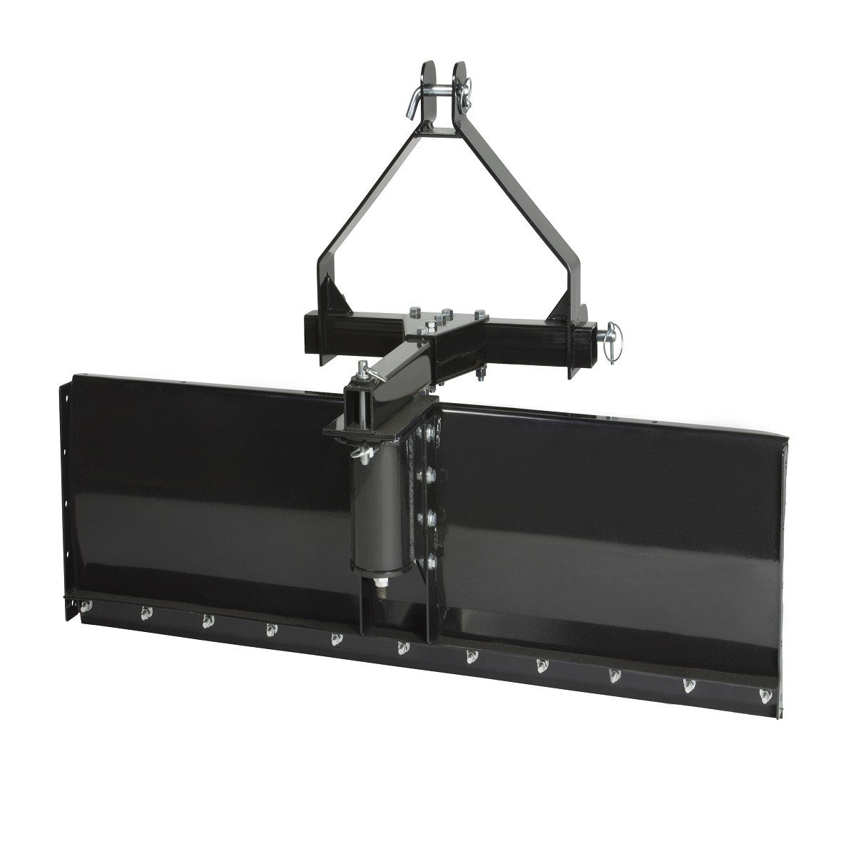 The Garden Tractor Cat-0 3 Point Rear Blade by Impact Implements is a black metal attachment with a wide, flat blade, angled support arms, and a triangular frame for connecting to a tractor’s three-point hitch system via a central pivot.