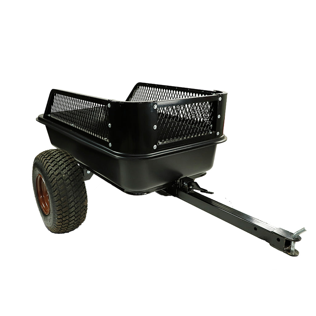 The Atv-Utv-Lawn Mower Utility Dump Trailer by Impact Implements has a 1500lb. payload capacity, large treaded wheels, a deep plastic tub with metal mesh sides, and a long handle for towing behind vehicles or tractors. Shown on a white background.