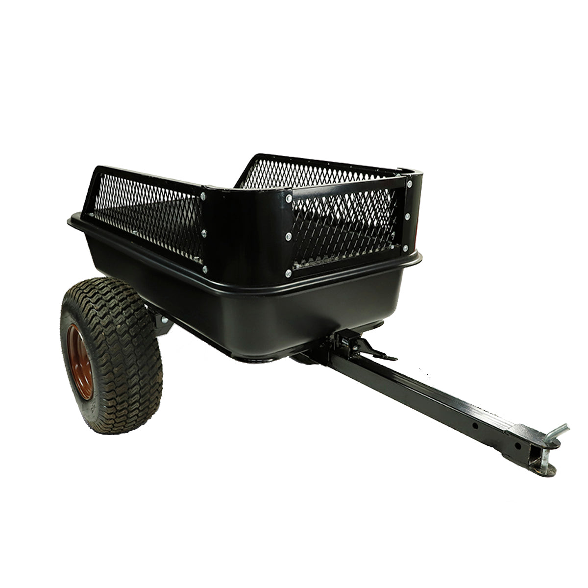 The Atv-Utv-Lawn Mower Utility Dump Trailer by Impact Implements has a 1500lb. payload capacity, large treaded wheels, a deep plastic tub with metal mesh sides, and a long handle for towing behind vehicles or tractors. Shown on a white background.