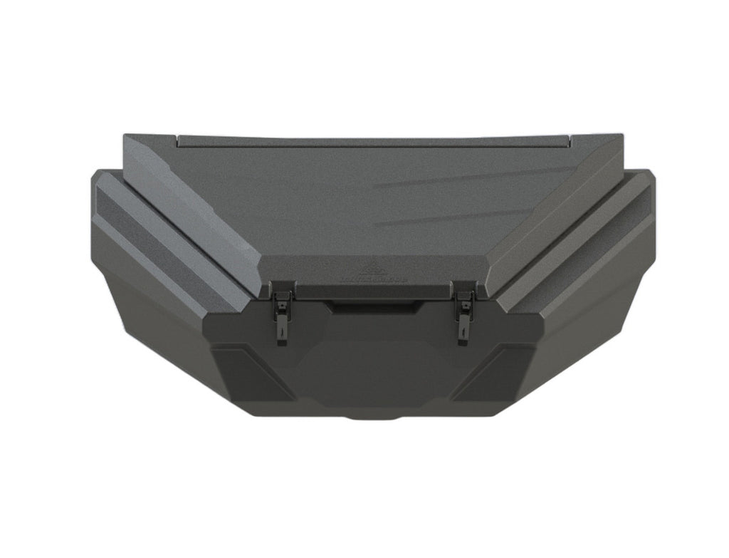 The HIGHLANDS UTV Rear Cargo Box for CFMoto ZForce 950/950 HO features a matte black, angular design with geometric contours, front latches, tapered sides, and subtle lid lines for a modern, industrial look.