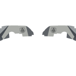 Two identical 2018+ Jeep JL Rubicon Stealth Front Fender Liners made of raw stainless steel, featuring black diagonal stripes and circular logos, face each other with angular shapes and cutout sections near the base. Background is transparent.