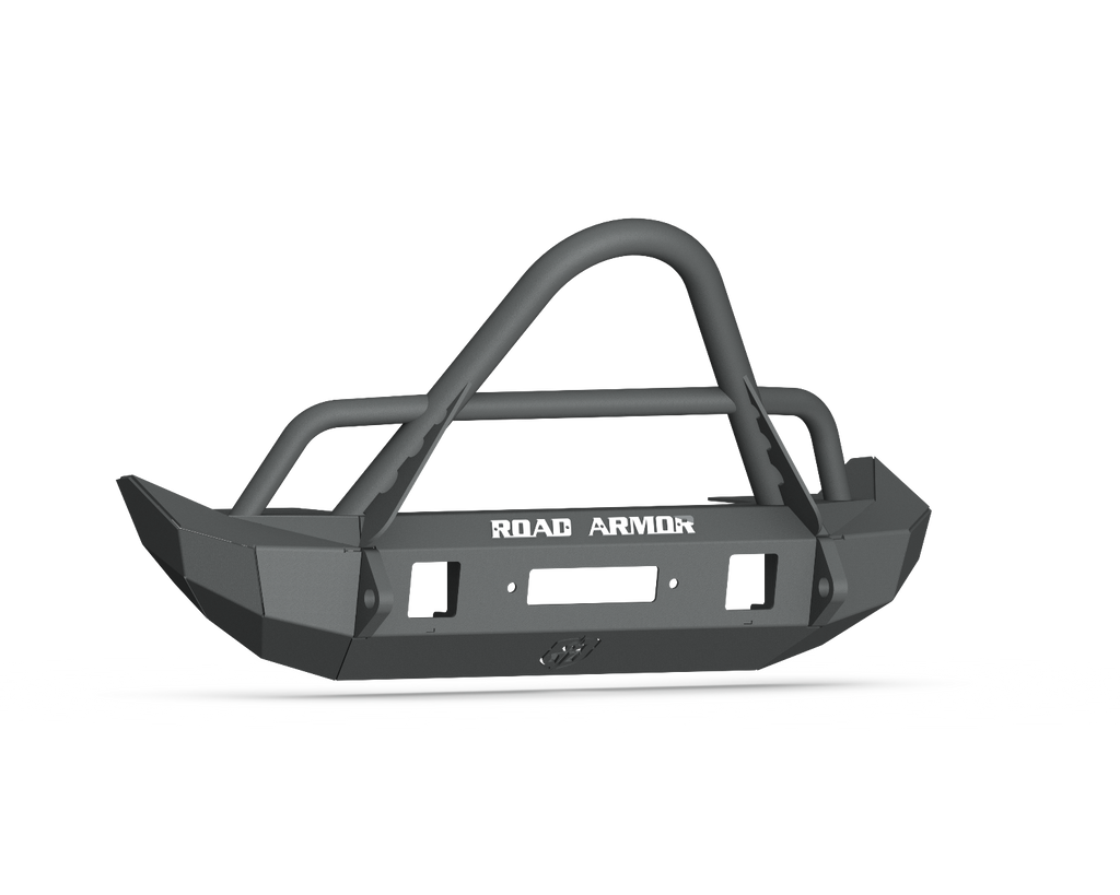 The 2018+ Jeep JL Rubicon Stealth Front Winch Bumper Stinger Guard Mid Width in texture black features angular edges, a central grille guard loop, side bars, multiple mounting slots, and ROAD ARMOR cutout. Isolated on a white background.