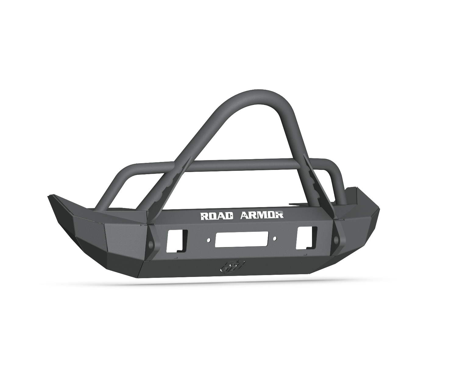 The 2018+ Jeep JL Rubicon Stealth Front Winch Bumper Stinger Guard Mid Width in texture black features angular edges, a central grille guard loop, side bars, multiple mounting slots, and ROAD ARMOR cutout. Isolated on a white background.