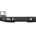 The 2018+ Jeep JL Rubicon Stealth Rear Bumper is a full-width, heavy-duty steel bumper in textured black, featuring angular lines, cutouts, flat step, mounting points, a winch guard, and ROAD ARMOR in white on the left; background is transparent.