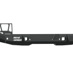 The 2018+ Jeep JL Rubicon Stealth Rear Bumper is a full-width, heavy-duty steel bumper in textured black, featuring angular lines, cutouts, flat step, mounting points, a winch guard, and ROAD ARMOR in white on the left; background is transparent.