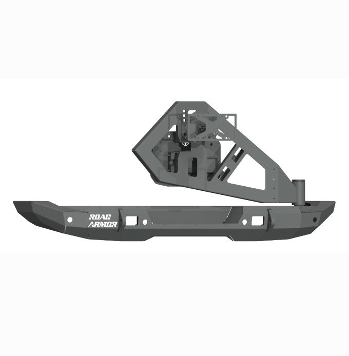 A texture black 2018+ Jeep JL Rubicon Stealth Rear Tire Carrier Assembly (bumper not included) with angular cutouts and “ROAD ARMOR” branding in white. Designed for off-road use, it offers robust construction and accessory mounting points. Plain white bac