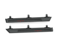 Pair of textured black metal running boards for 2018-2021 Jeep JL Sport Wrangler (4 Door), each with four mounting brackets and angular edges. Both display a central red WESTIN PRO MODULAR logo on a white background.