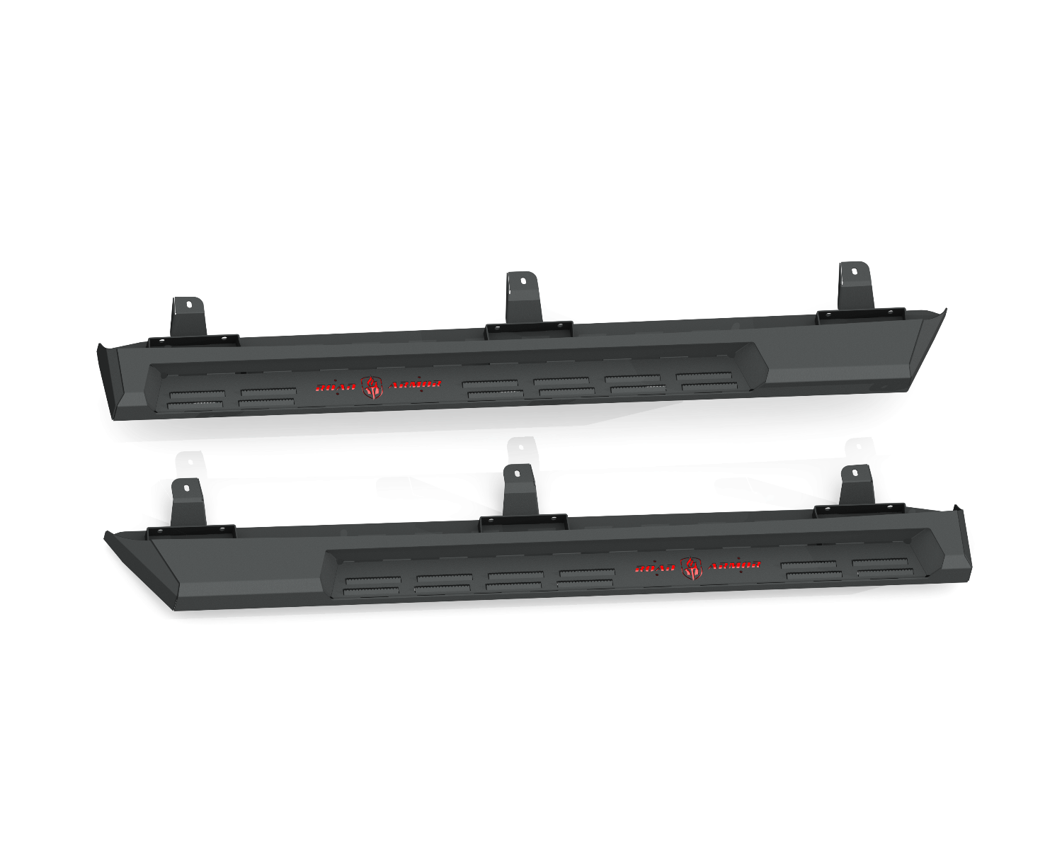 Pair of textured black metal running boards for 2018-2021 Jeep JL Sport Wrangler (4 Door), each with four mounting brackets and angular edges. Both display a central red WESTIN PRO MODULAR logo on a white background.