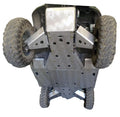 View of the underside of a vehicle equipped with the 9-Piece Complete Aluminum Skid Plate Set for Kymco Uxv 500/700, showing rugged tires and protective metal plates designed to shield the undercarriage from rough terrain.
