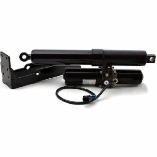 The Kawasaki Mule 4000/4010 Bed Lift KYB lift cylinder with mounting brackets is shown with wiring connected and a cylindrical motor attached, all positioned on a white background.