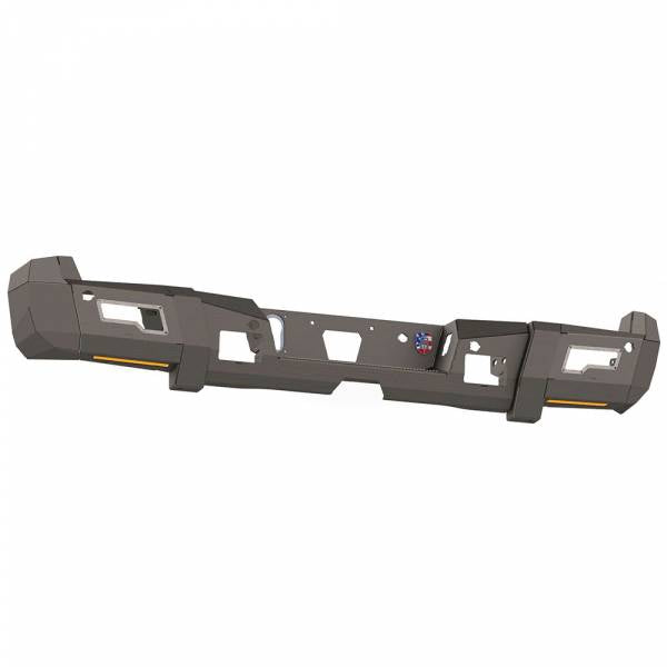 The 2017-2021 Ford F-250 Identity Rear Bumper Full Kit features a rugged raw steel design with angular lines, accent lights, fog light cutouts, multiple mounting holes, and orange reflectors—ideal for off-road trucks.