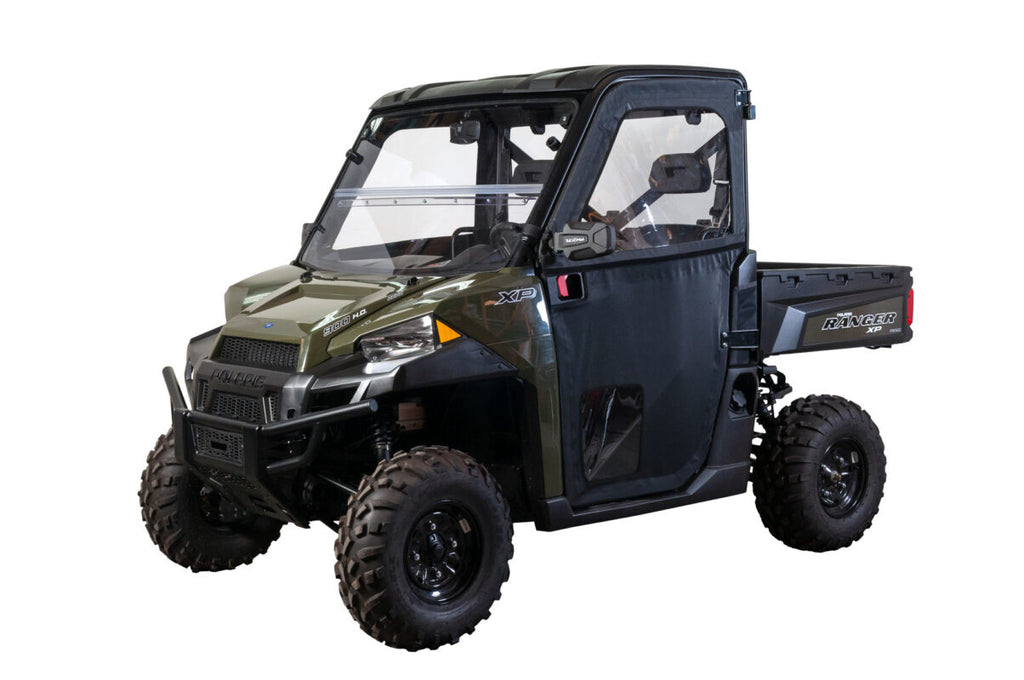 A green Polaris Ranger XP (2013-18) Full Size Pro-Fit with Framed Door Kit, rugged tires, clear windows, and rear cargo bed is shown from a front-side angle against a white background.