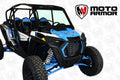 A blue and black Polaris RZR Turbo S with large rugged tires, racing seats, and a blue roll cage is shown angled left, featuring the Full Glass Windshield. The MOTO ARMOR logo appears on a branded white background in the top right corner.