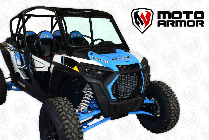 A blue and black Polaris RZR Turbo S with large rugged tires, racing seats, and a blue roll cage is shown angled left, featuring the Full Glass Windshield. The MOTO ARMOR logo appears on a branded white background in the top right corner.