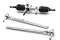 The Honda Talon 1000R Rack Boss 2.0 Rack and Pinion, chrome-plated with black rubber boots, is shown on a white background alongside two matching straight tie rods featuring metallic finishes and ball joints.