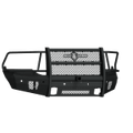 The 2013-2018 Ram 1500 Vaquero Front Non-Winch Bumper Full Guard features a textured black steel build with mesh center, integrated top logo, side protection bars, and rectangular cutouts for durable front-end vehicle protection. Includes 2-in receiver.