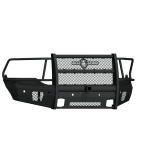 The 2013-2018 Ram 1500 Vaquero Front Non-Winch Bumper Full Guard features a textured black steel build with mesh center, integrated top logo, side protection bars, and rectangular cutouts for durable front-end vehicle protection. Includes 2-in receiver.