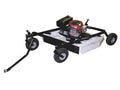 The Rough Cut Mower AcrEase Model MR44B is a tow-behind, gas-powered brush mower with a rectangular metal deck, two large rear wheels, one front caster wheel, a visible engine on top, and a black hitch arm for vehicle attachment.