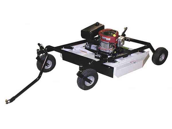 The Rough Cut Mower AcrEase Model MR44B is a tow-behind, gas-powered brush mower with a rectangular metal deck, two large rear wheels, one front caster wheel, a visible engine on top, and a black hitch arm for vehicle attachment.