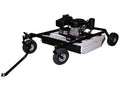 The Rough Cut Mower AcrEase Model MR44BE is a black and silver tow-behind mower with a gas engine, rectangular metal frame, four wheels, a long front tow bar for vehicle attachment, and the main engine mounted above the cutting deck.