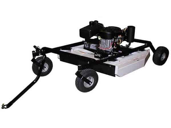 The Rough Cut Mower AcrEase Model MR44BC is a black and white, three-wheeled tow-behind mower with a rectangular deck, top-mounted engine, and long tow bar for hitching to vehicles, ideal for mowing large grassy areas.