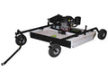 The Rough Cut Mower AcrEase Model MR55BE is a black and white tow-behind mower with a rectangular metal deck, three wheels, a central gas engine, and a long hitch arm for ATV or tractor use, designed to cut thick grass and brush.