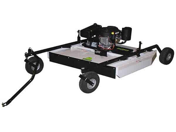 The Rough Cut Mower AcrEase Model MR55B is a tow-behind mower featuring a black metal frame, central engine, large cutting deck, three sturdy wheels, a tow bar for vehicle hitching, and visible engine parts. Shown on a white background.