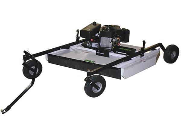 The Rough Cut Mower AcrEase Model MR55KE is a tow-behind mower with a rectangular deck, two large black side wheels, a front swivel wheel, an engine on top, and a hitch arm. It features a mainly white and black color scheme.