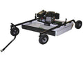 The Rough Cut Mower AcrEase Model MR55KE is a tow-behind mower with a rectangular deck, two large black side wheels, a front swivel wheel, an engine on top, and a hitch arm. It features a mainly white and black color scheme.