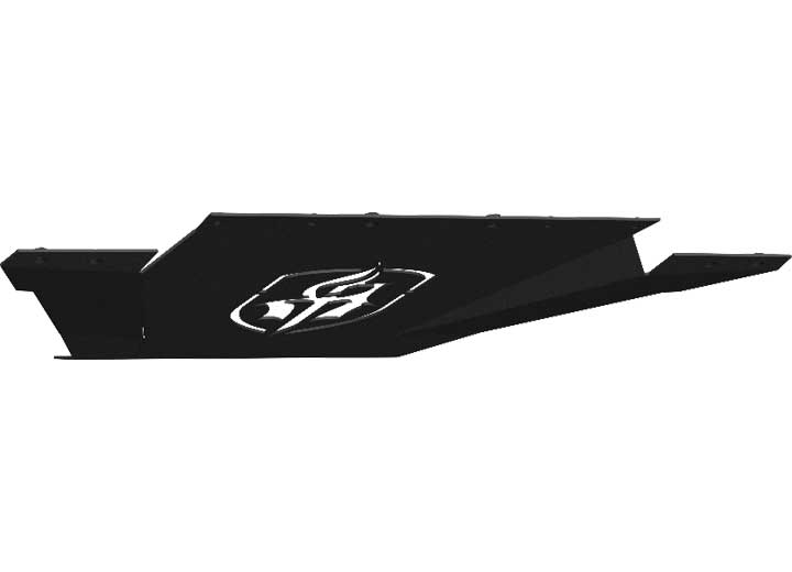 A textured black Road Armor skid plate guard for the 2015-2019 GMC 2500 Spartan front bumper, featuring angular edges and a bold white flame and shield logo at the center, designed for undercarriage protection.