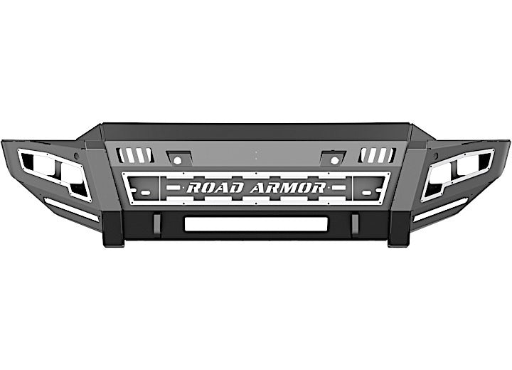 A black and silver off-road ROAD ARMOR front bumper for 2020-23 Chevy 2500, featuring angular corners, vent openings, integrated light slots for double cube pods, shackles, beauty ring, and hardware kit for added protection and durability.