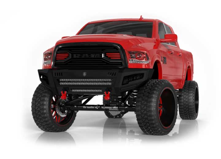A customized red 2019+ Ram 2500 features a lifted stance, oversized off-road tires, Identity Front Bumper with shackles, double cube light pods, beauty ring, and hardware kit. Black grille and aggressive LED light bar are shown on a white background.
