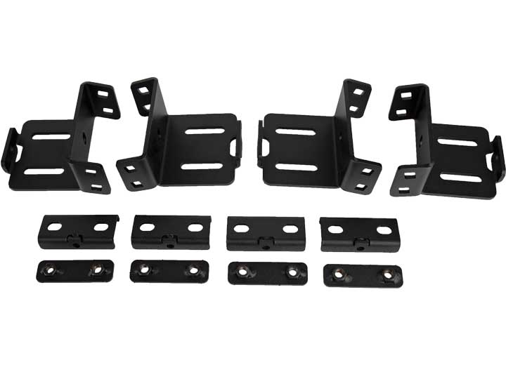The 2005+ Nissan Frontier Treck Drill-Less Rack Base Mounting Bracket Kit (Mid-Size Trucks) - Texture Black includes four black metal brackets with multiple holes and slots, and six matching rectangular mounting plates, all displayed on a white background
