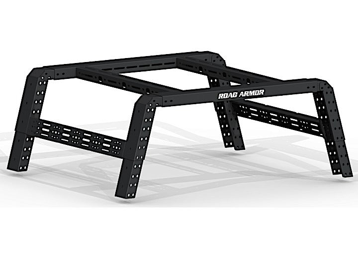 The 2005+ Nissan Frontier Treck 5Ft. Adjustable Bed Rack System for mid-size truck beds features a heavy-duty, perforated black metal frame with angled legs, multiple mounting holes, and a “ROAD ARMOR” logo on the front crossbar. Bracket kit included.