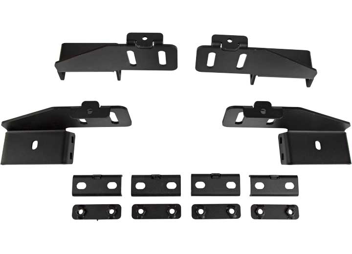 Four black metal brackets with angled edges and slotted holes are arranged in two rows above eight smaller flat rectangular black plates with round holes, all shown on a white background as the 2015+ GMC Canyon Treck Drill-Less Rack Base Mounting Bracket 
